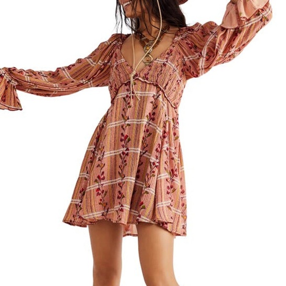 Free People Jackie Smocked Deep V-Neck Mini Dress Floral Print Size S/P - Picture 2 of 14
